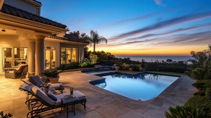 Fototapeta premium Luxury Oceanview Estate: Sunset Serenity