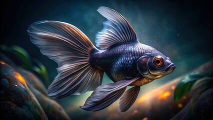 Fototapeta premium Long Exposure Black Moor Goldfish in Freshwater Aquarium - Serene Underwater Scene