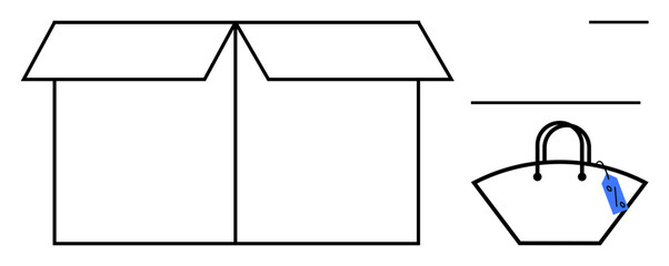 Open cardboard box and handbag with price tag, showing themes of shipping, storage, retail, and commerce. Ideal for e-commerce, logistics, retail, delivery services travel storage solutions © robu_s