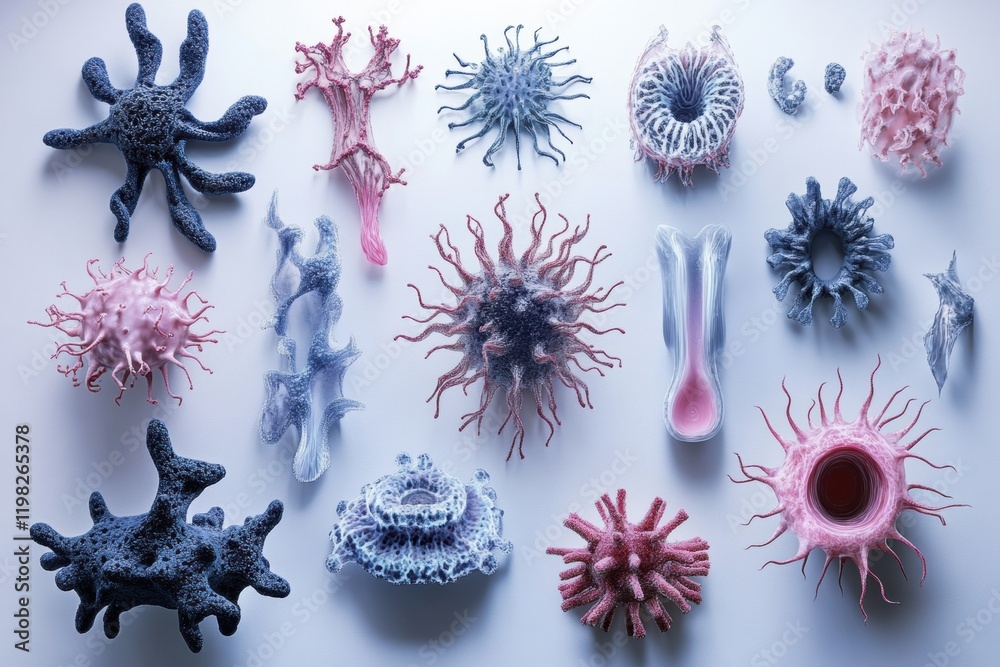 Aufkleber evolving bacteria showcase diverse forms and structures under microscopic examination in a laborator