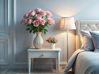 Minimalist Elegant Room Decor with Pink Roses - Stock Photo