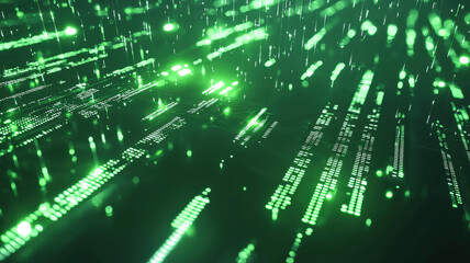 Obraz premium Glowing green digital matrix code flowing down a screen. Ideal for tech or futuristic designs. Dynamic, technological, abstract
