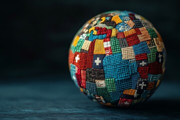 Global unity fabric sphere, dark background, international collaboration concept