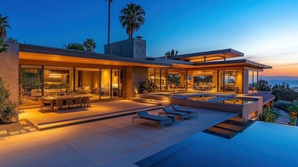 Fototapeta premium Luxury Ocean View Villa at Dusk: Modern Architecture and Tranquil Sunset
