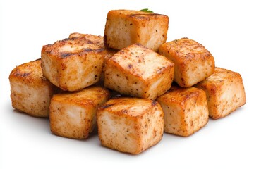 Deliciously Crispy Golden-Brown Seasoned Fried Tofu Cubes Stacked Neatly on a White Background for Healthy Vegan Dining and Culinary Inspiration