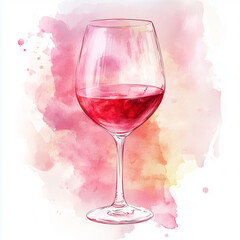 Wine glass with red liquid against watercolor background