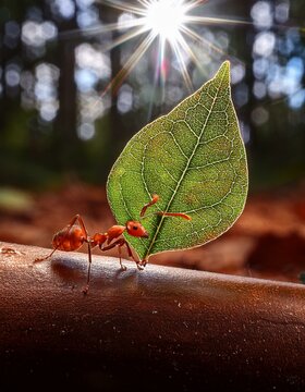 Ant carrying a leaf in sunlight
