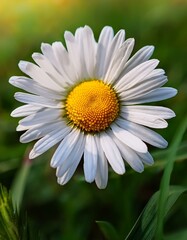Fototapeta premium Close-up of a delicate white daisy with a vibrant yellow center, basking in the sunlight.