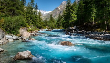 Fototapeta premium Serene mountain river flows through lush greenery.