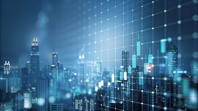 Abstract glowing big data forex candlestick chart on blurry city backdrop. Trade, technology, investment and analysis concept. Double exposure
 - Powered by Adobe