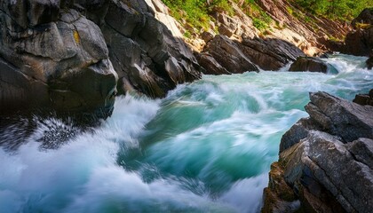 Fototapeta premium Rapid river flows through rocky gorge, creating a dramatic scene.