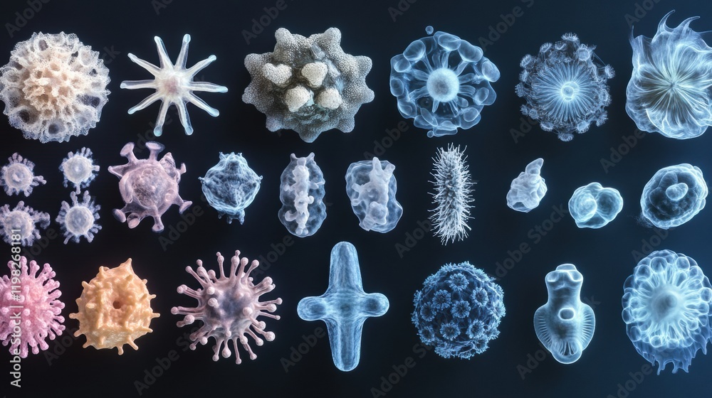 Aufkleber sequence of evolving bacteria showcasing diversity and complexity in microscopic life forms. generat