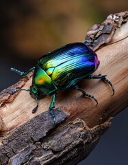 Naklejka premium Vibrant Jewel Scarab Beetle on Wood