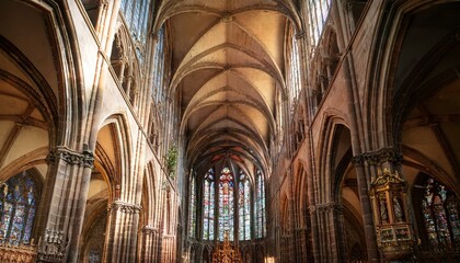 Fototapeta premium Sunlight streams into a majestic cathedral, illuminating the intricate architecture and stained glass.