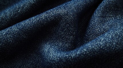 Close-up of textured blue denim fabric with soft folds and wrinkles.