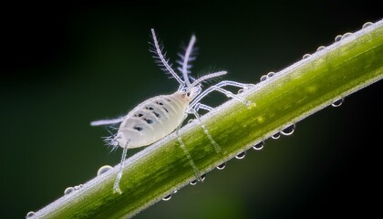 Naklejka premium Macro shot of a tiny insect on a dewy green stem.
