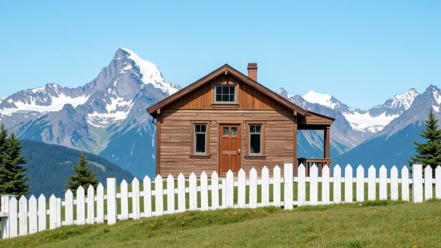 Charming brown wooden house featuring a cozy brown door and three inviting windows. The red brick chimney adds warmth to its brown shingled roof, while a pristine white picket fence encircles the invi