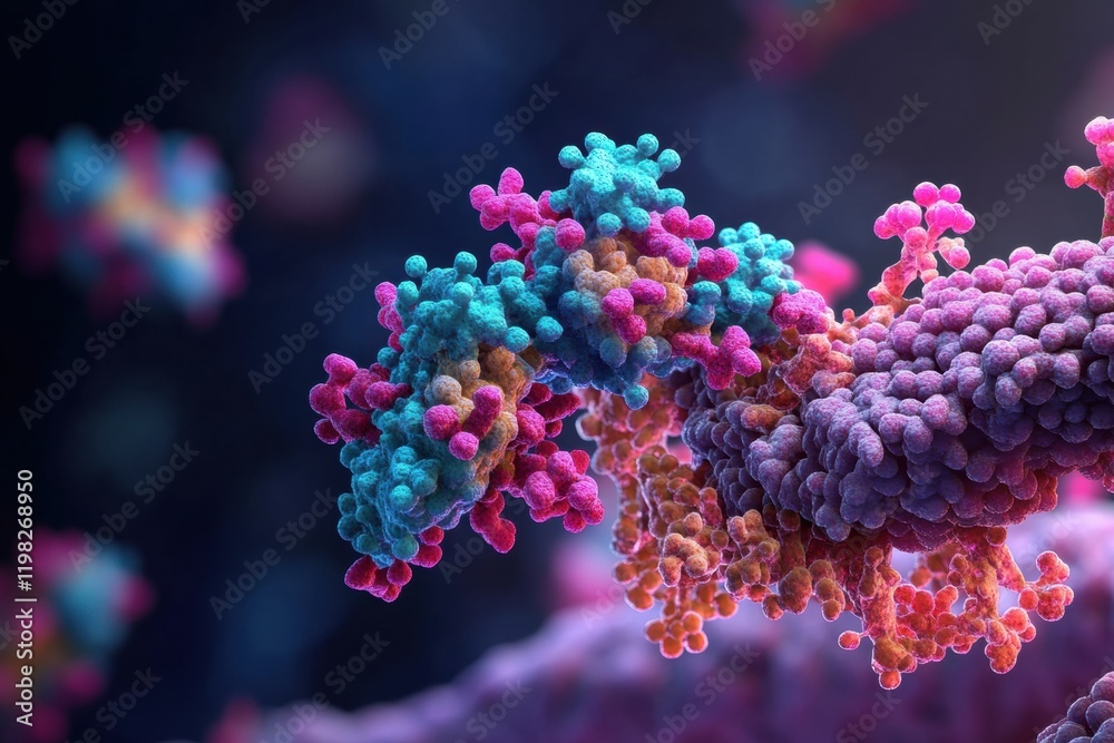 Aufkleber close up view of a molecular rna chain surrounded by colorful viruses in a scientific environment. g