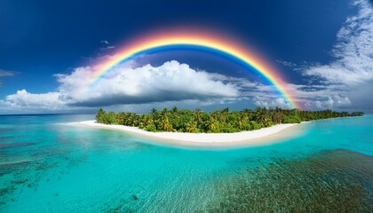 Tropical island paradise with a vibrant rainbow arching over a pristine beach.
