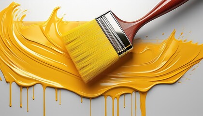 Striking Image of a Paintbrush Drenched in Bold, Vibrant Yellow Paint Set Against a Spotless White...