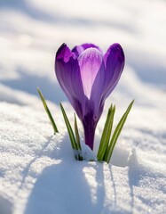 Purple crocus blooming through the snow