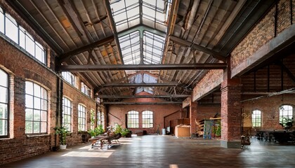 Fototapeta premium Sunlit industrial warehouse interior with exposed brick and metal beams.