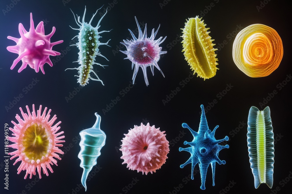 Leinwandbilder sequence of evolving bacteria showcasing diverse forms and colors in a scientific study. generative 