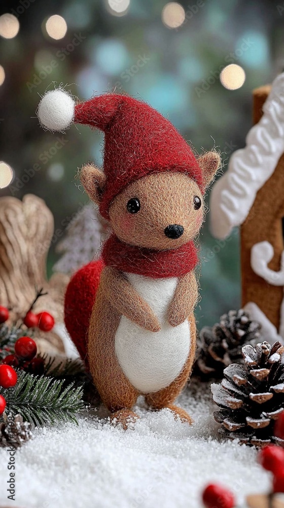 Sticker Felted woolen little squirrel stands in winter toy forest