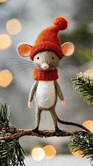 Obraz premium Funny toy wool mouse is on a Christmas tree