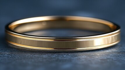 Close-up of a simple, elegant gold wedding band with a flat, polished surface and subtle grooves.
