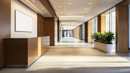 Modern office hallway with natural light and greenery