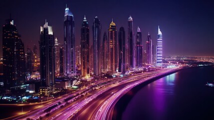 Naklejka premium Dubai Marina Skyline Night Aerial View: Breathtaking illuminated skyscrapers, vibrant city lights, and a captivating coastal highway at night.