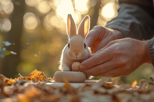 Adorable baby bunny sits on a wooden base, held gently by a person's hands in a sunlit autumn forest.
