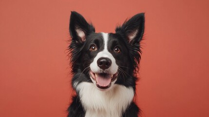 Fototapeta premium Happy Border Collie with Bright Expression Against Red Background