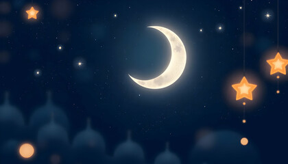 Fototapeta premium A Serene Night Sky with a Glowing Moon and Bright Stars Surrounded by Dreamy Lanterns