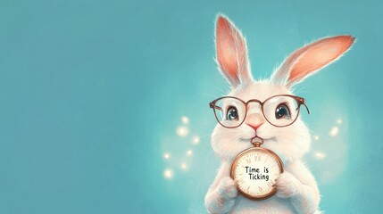 Fototapeta premium Adorable white bunny in glasses holds a pocket watch, reminding us that time is ticking.