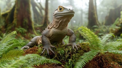 Obraz premium A large lizard sits on mossy ground in a misty forest, looking upward.
