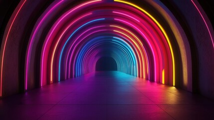 Vibrant neon tunnel with colorful light arcs