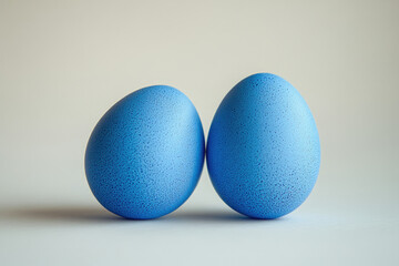 Two speckled, light blue Easter eggs sit side-by-side against a neutral background.