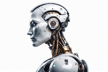 Fototapeta premium Close-up of an old robot head and hand with metal parts engine and gears, highlighting the technology and industrial power of the machine