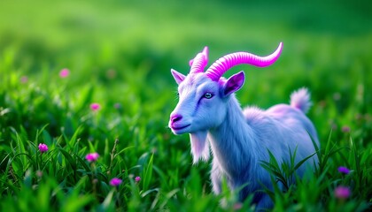 Fototapeta premium A whimsical photo of a light blue goat with vibrant pink horns in a lush green field.