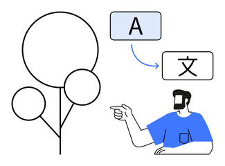 Man in a blue shirt points to text bubbles featuring different languages. Ideal for translation, language learning, communication, globalization, education, cultural exchange, technology