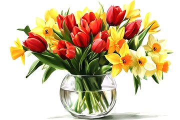 Vibrant Spring Bouquet: Red Tulips & Yellow Daffodils in Glass Bowl
