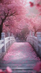 pink cherry blossoms fall on the bridge, under the bridge is an endless sea of pink flowers