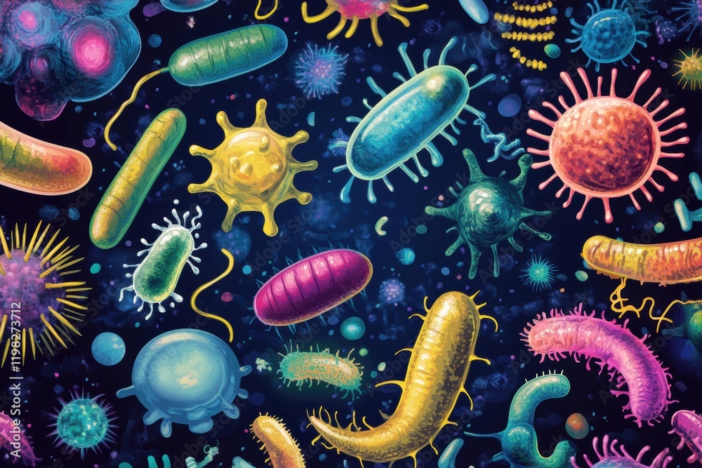 Poster diverse array of colorful bacteria and microbes captured in a detailed microscopic view showcasing t