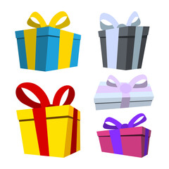 Cartoon gift box icon set. Flat style. Gifts and presents for holiday celebration and special sales offer. Box with wrapping paper and ribbon bow. Vector illustration.