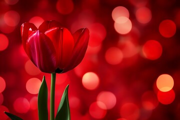 Obraz premium Single Red Tulip Against Red Bokeh Background