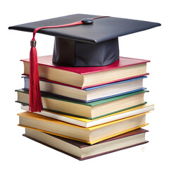 Stack of different colored books with a graduation cap Isolated on white background