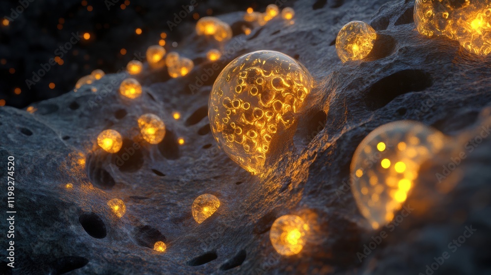 Aufkleber 3d rendering of glowing microbes on a textured surface in a dark environment showcasing cellular str