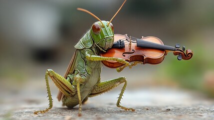 Grasshopper musician plays violin outdoors